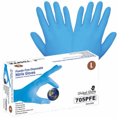 Nitrile, Powder-Free, Industrial-Grade, Lightweight, Blue, 3.5-Mil, Textured Fingertips, 9.5-Inch Disposable Gloves - 705PFE