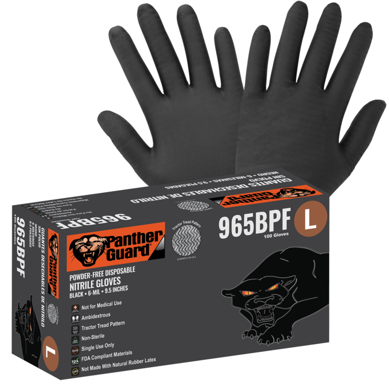 Panther-Guard® Heavyweight Nitrile, Powder-Free, Industrial-Grade, Black, 6-Mil, Tractor Tread Pattern, 9.5-Inch Disposable Gloves