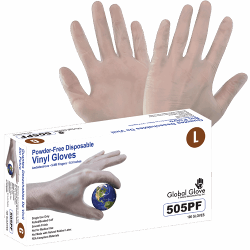 Vinyl, Powder-Free, Industrial-Grade, Clear, 5-Mil, Smooth Finish, 9.5-Inch Disposable Gloves