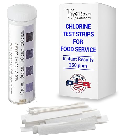 Chlorine Test Strips for Restaurants & Food Services, 1 x Vial of 100 Sanitizer Testing Kits, Precise Bleach Test Strips, 0-200 PPM Testing Kit for Sanitizing Solutions by FryOilSaver Co. FMP 142-1362